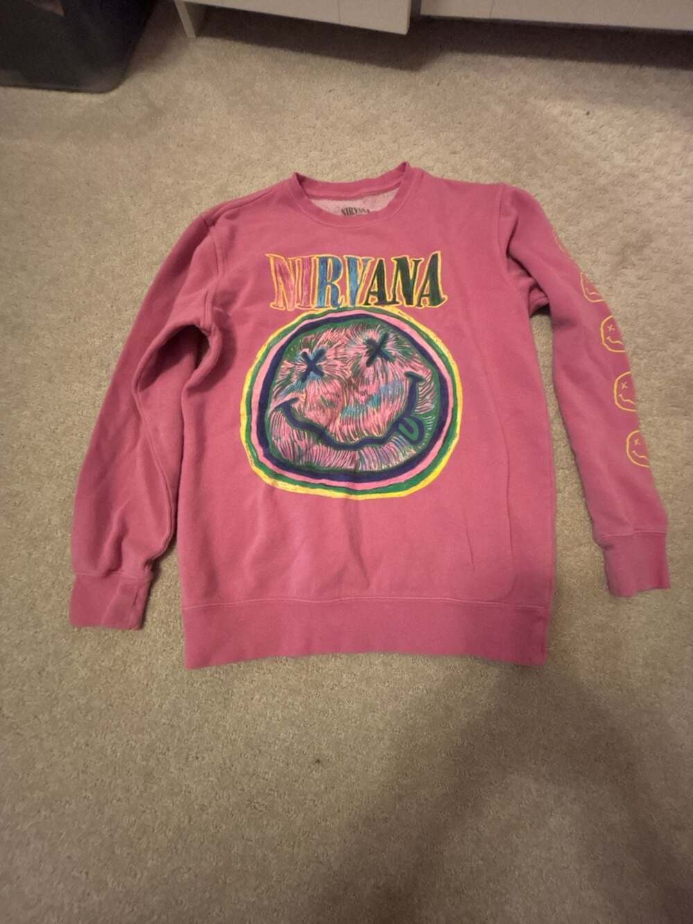 Nirvana Pink Spiral Smiley Face Crewneck Sweatshirt Size S